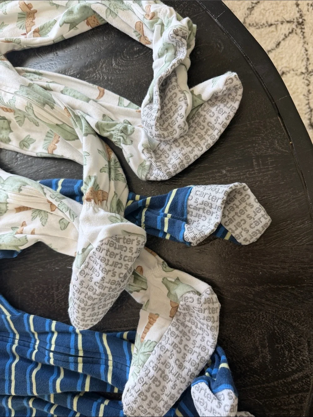Carter's Blue Striped & White Dinosaur Footed One-Pieces (4 pack bundle)